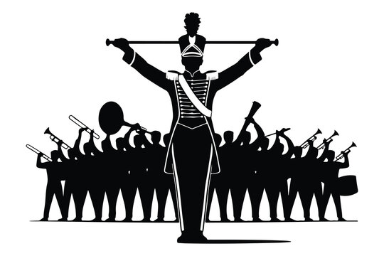 Silhouette of a marching band with a conductor holding a baton