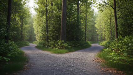 A serene forest scene with two paths diverging into lush greenery along a sunlit road surrounded by tall trees and dense foliage ahead.