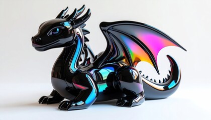 Fototapeta premium Shiny black dragon sculpture with iridescent wings, posed in front of a white backdrop