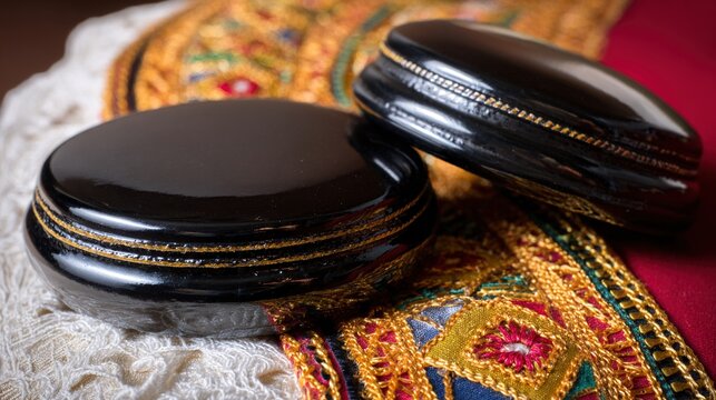 castanets. A pair of polished black castanets resting on an embroidered skirt. event programs, museum guides, designed for cultural heritage projects and event programs, used by e-commerce operators.