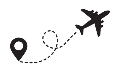 Airplane flying a dotted path from a location pin, symbolizing travel and movement