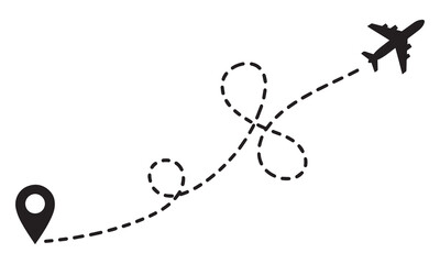 Airplane tracing a complex dotted route from a location pin, travel and adventure concept