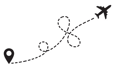 Airplane flight path with loops from a location pin icon, travel concept