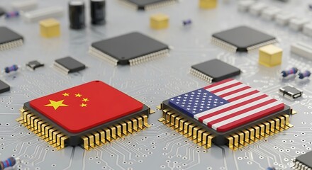 USA and China flags on computer chips