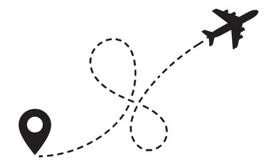 Airplane flight path with loops from a location pin, travel and transport icon