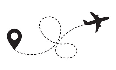 Airplane flying and leaving a dotted line path from a location pin.