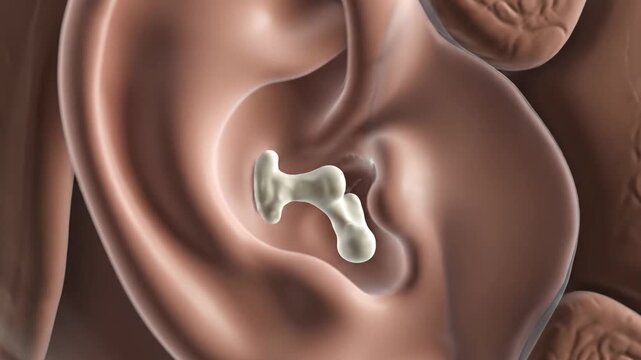 A close-up 3D animation illustrating the intricate structure of the human ear ossicles and middle ear anatomy.