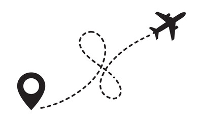 Airplane flying and leaving a dotted line path from a location pin.