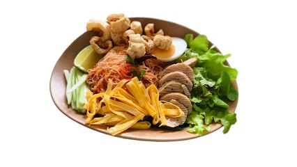 Chiang Rai Noodle Salad with Condiments :A Northern Thai&ndash;style noodle salad served with fresh vegetables, sliced pork, crispy pork rinds, boiled egg, and a variety of traditional condiments 