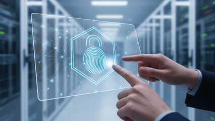 Data Security Interface: Hands Touch Fingerprint Icon on Transparent Screen in Server Room