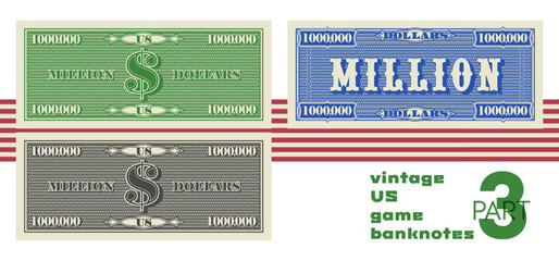 Vector vintage US banknote. Denominations 1000000 dollars. Game collection of retro notes with grid. Blue reverse and gray, green obverse. Bill. Part 3
