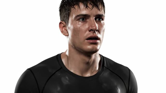 A close-up of a young, athletic man covered in sweat, showing exhaustion and determination after a rigorous workout.