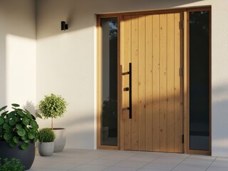 Modern wooden door with glass panels and potted plants on a sunny day outside