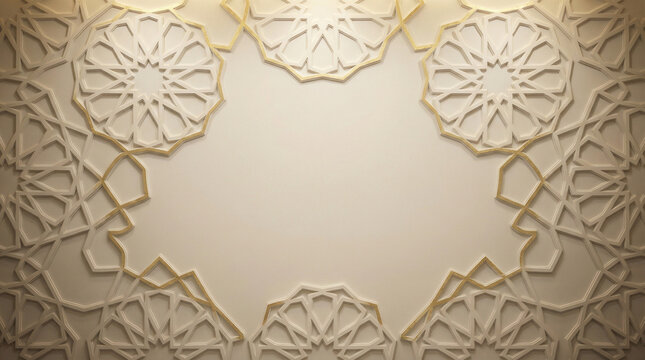 Islamic geometric wall texture in soft ivory and gold tones, subtle depth and shadows