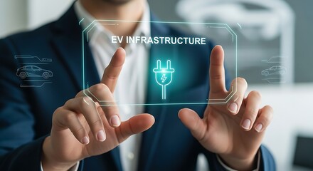 A businessman interacting with a holographic display showing "EV Infrastructure" and an electric plug icon, representing future energy solutions.