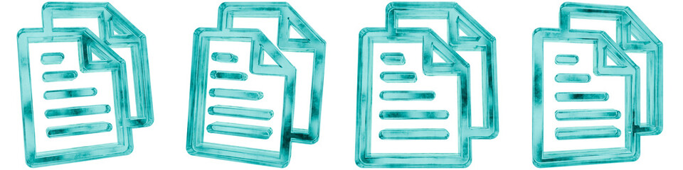 Obraz premium Set of four 3D files shapes in frosted blue ice glass style, isolated on a transparent background. Glassmorphism icons and 3D elements for modern graphic design.