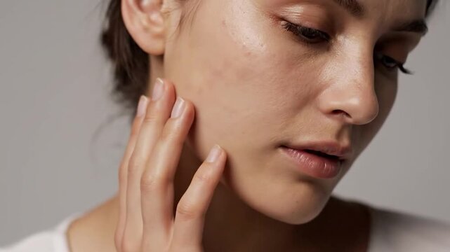 Close-up of a person's face and hand touching skin