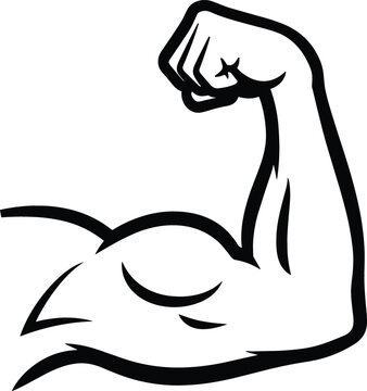 Professional monochrome vector silhouette of a flexing bicep arm with bold black outlines for gym and fitness branding.