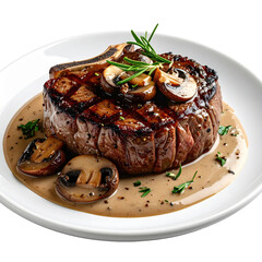 Perfectly grilled ribeye steak with a generous pour of savory mushroom sauce, isolated on white background.