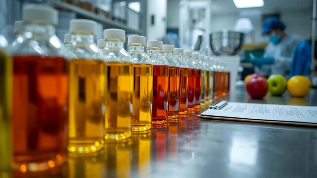 Row of glass bottles filled with colored liquids on laboratory bench with apples in background