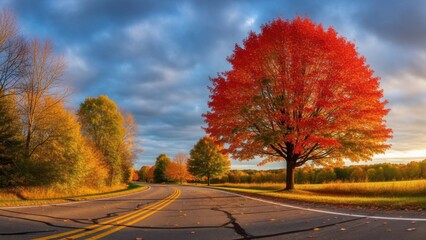 Obraz premium Vibrant Red Autumn Tree Beside a Winding Road at Sunset