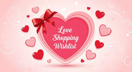 Heart shaped gift with love shopping wishlist text and red bow on pink background with hearts