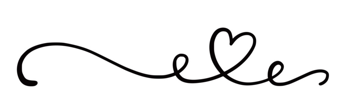 Heart love line swirl set. Love heart swirl calligraphy hand drawn icon shape wedding graphic element. Hand drawn flourish ribbon elegant ornament, calligraphic text border. Vector illustration