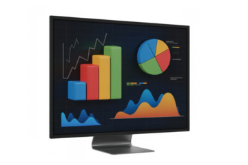 Colorful business graphs and charts on computer screen isolated on a transparent background