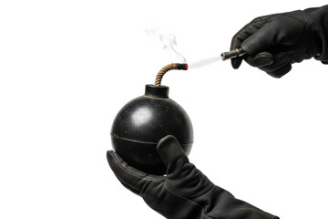 Obraz premium Hand lighting fuse on old black bomb, danger, explosion risk, imminent threat