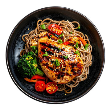 Chilled soba noodles with slices of grilled chicken and green onions on a dark plate, a refreshing and protein-packed dish.