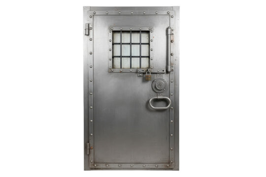 Heavy Steel Prison Door with Locked Padlock and Grated Window