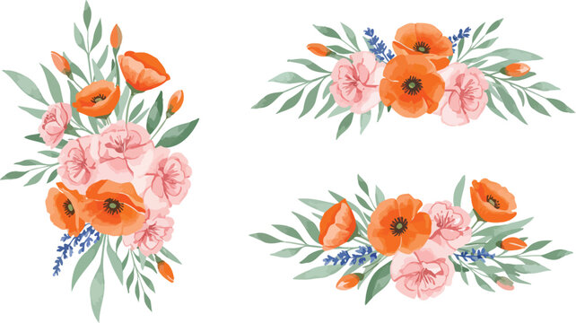 Watercolor floral arrangements with orange poppies and pink flowers on white background