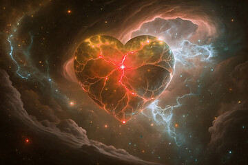 A glowing Dark Red Colour heart sphere with crackling lightning energy, floating through the dark cosmos  black background
