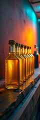 Gleaming olive oil vials refract neon hues on a weathered shelf, a hyper-modern oasis for liquid gold,  industrial, cyberpunk