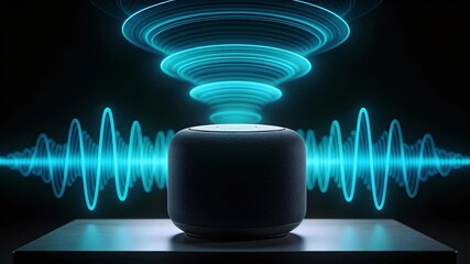 Smart Speaker Emitting Sound Waves and Light in a Dark Room. - Powered by Adobe