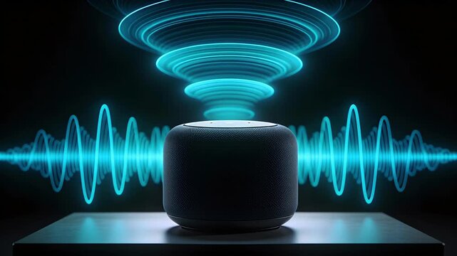 Smart Speaker Emitting Sound Waves and Light in a Dark Room.
