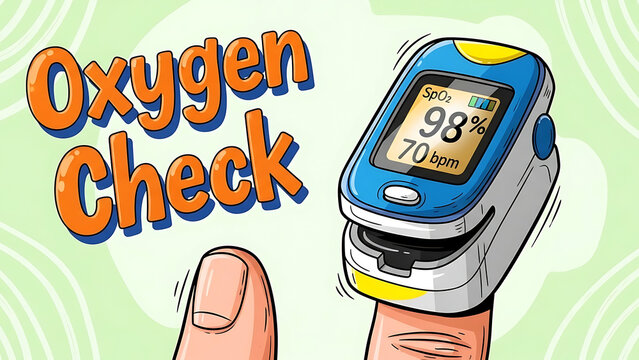 Illustration depicting a close up of a digital fingertip pulse oximeter displaying ninety eight percent oxygen saturation and seventy beats per minute heart rate measurement