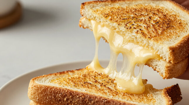 Golden melted cheese stretching between two toasted bread slices, close up of grilled cheese sandwich with crispy crust and gooey interior, warm appetizing comfort food served on plate