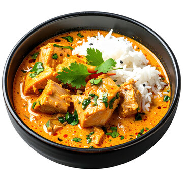 Flaky tuna in a yellow coconut curry on a dark plate, sharply focused and isolated on white background for marketing.