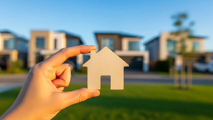 A hand holding a small wooden house in front of a suburban neighborhood