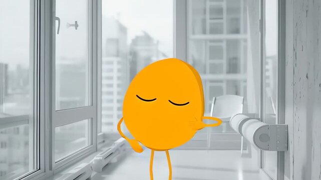 Mango cartoon person wakes up in the morning happily in a luxury apartment