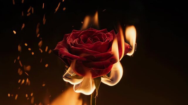 Valentines day- A red rose engulfed in flames against a dark backdrop -HD and 4K