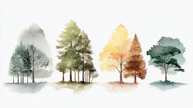 A serene watercolor illustration showcasing four distinct trees in varying colors, representing different seasons and the beauty of nature.