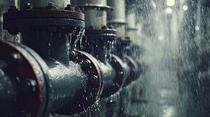 A close-up of industrial pipes with water leaking, showcasing the texture and environment of a mechanical facility.