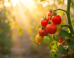 A vibrant cluster of ripe and unripe tomatoes on a vine