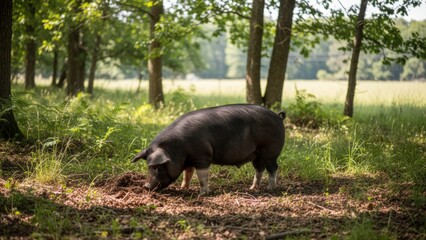 Black Pig Foraging in a Lush Green Forest, Depicting Rural Life and Agricultural Practices