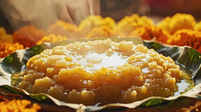 Vaisakhi Kada Prasad Sweet Flour Pudding on Leaf with Rising Steam
