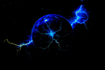 A vibrant violet colour  sphere Shaped  through the dark cosmos black background.