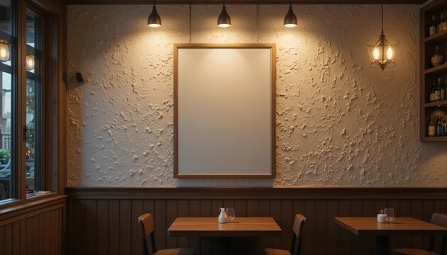 Poster mockup inside a romantic caf&eacute; interior with warm ambient lighting, textured plaster wall, wooden accents, cozy intimate atmosphere, realistic shadows, empty poster design for branding