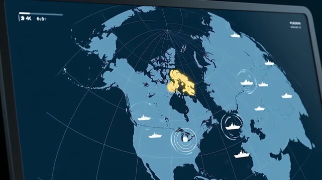 A 4K animation of a digital screen with a polar projection map where Greenland is highlighted in gold. Floating icons of ships and radar symbols suggest strategic monitoring in a minimalist tech style